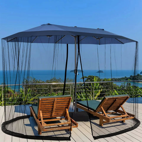 Extra Large Patio Umbrella Mosquito Net For 15Ft Double-Sided And 10x10 Square Umbrellas, surrounding two lounge chairs