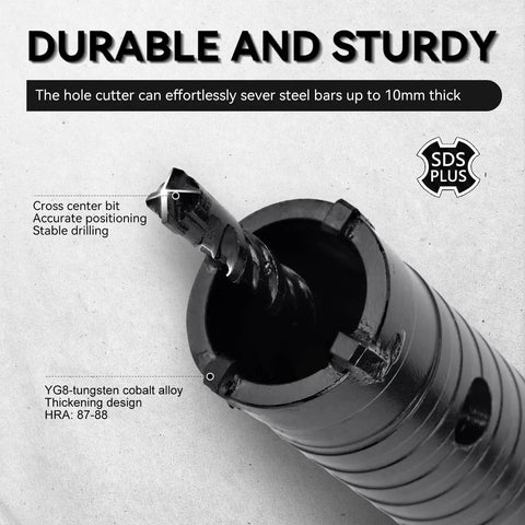Heavy Duty 73mm Concrete Hole Saw With 220mm SDS Plus Shank And 2-7/8 Inch Diameter showing YG8 carbide alloy and cross center bit design.