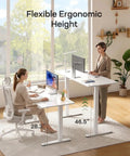 Glass Standing Desk With Drawer 37 X 22 Inches Adjustable Height With Four Preset Levels One Piece Tempered Glass Top White Ergonomic Home Office Desk For Standing Work, showing two women using the desk at different heights
