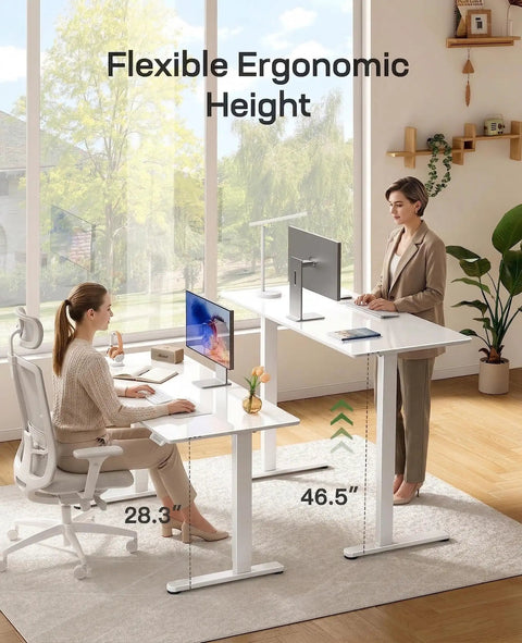 Glass Standing Desk With Drawer 37 X 22 Inches Adjustable Height With Four Preset Levels One Piece Tempered Glass Top White Ergonomic Home Office Desk For Standing Work, showing two women using the desk at different heights