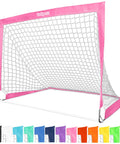 Pink Pop Up Soccer Goal For Kids 4 Foot By 3 Foot Portable Backyard Net With Stakes Easy Setup Great For Backyard Practice Training Drills And Small Sided Matches In Your Own Yard shown from front with color options.