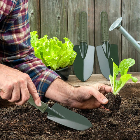 Man using 12 Piece Garden Shovel And Trowel Set With Metal Blades And Plastic Handles Grippy Anti Slip Garden Hand Tools in yard