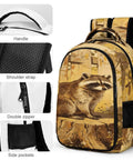 Raccoon Printed Unisex Backpack With Large Capacity, Durable Polyester Daypack showing handle, shoulder strap, zipper, and pockets