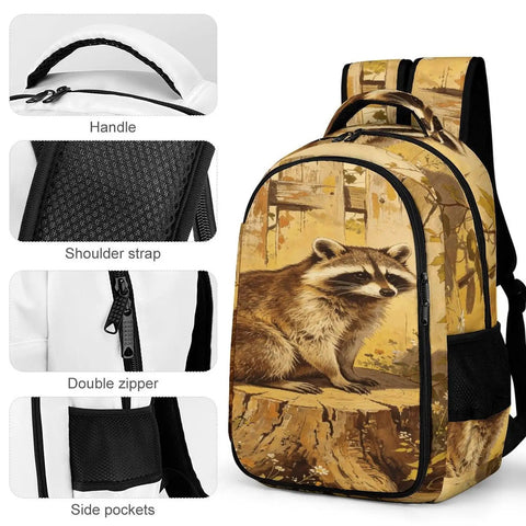 Raccoon Printed Unisex Backpack With Large Capacity, Durable Polyester Daypack showing handle, shoulder strap, zipper, and pockets