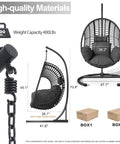 Cozy Hanging Egg Chair with stand, wicker hammock, steel frame, UV resistant cushions, 400 lb capacity, dimensions shown.