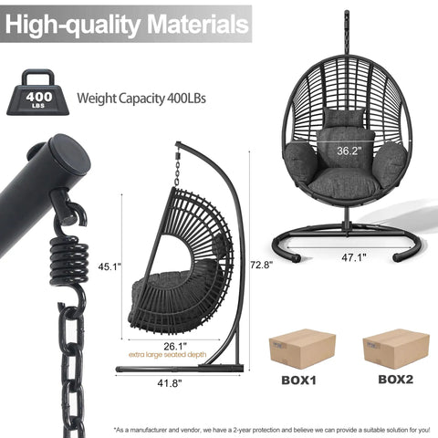 Cozy Hanging Egg Chair with stand, wicker hammock, steel frame, UV resistant cushions, 400 lb capacity, dimensions shown.