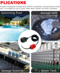 IP68 Waterproof Heavy Duty Vertical Float Switch With Counterweight For Septic Tanks Sewage Basins And Water Tanks Liquid Level Sensor With Automatic Water Supply And Drainage Control 13 Foot Cable 0 To 65 Celsius Temperature Range 4A, shown in pool and tank uses