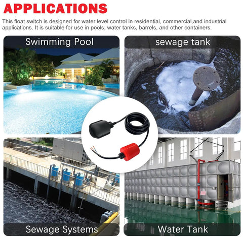 IP68 Waterproof Heavy Duty Vertical Float Switch With Counterweight For Septic Tanks Sewage Basins And Water Tanks Liquid Level Sensor With Automatic Water Supply And Drainage Control 13 Foot Cable 0 To 65 Celsius Temperature Range 4A, shown in pool and tank uses