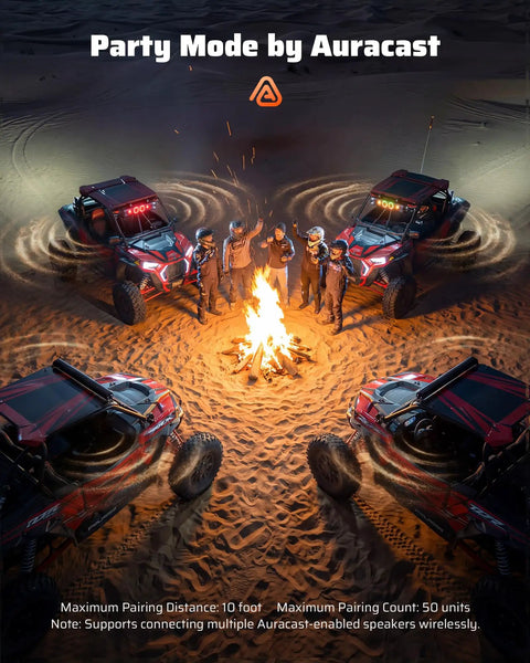 Four UTVs with 26 Inch Six Speaker UTV Sound Bar With Bluetooth And RGB And Strobe Lights surround a campfire on sand.