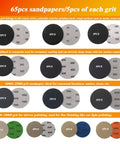 65 Piece 3 Inch Sanding Disc Set With M10 Backing Pad and 2 Interface Pads, various grits displayed in rows