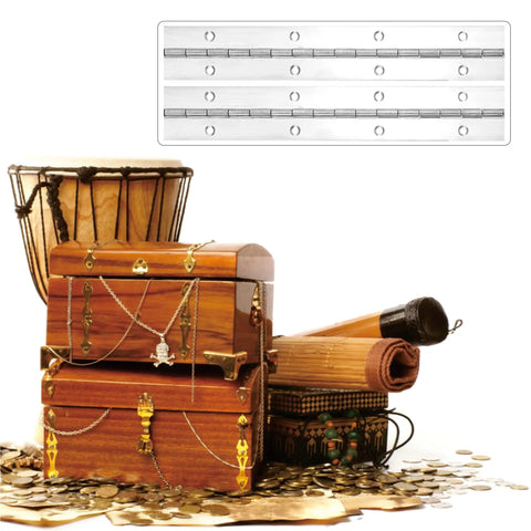 Hefty Tough 4 Pack 8 Inch Continuous Piano Hinges Made From Top Shelf 304 Stainless Steel That Lock Onto Cabinets Or Diy Furniture Without Skipping A Beat In Sleek Silver displayed with treasure chests and musical instruments.