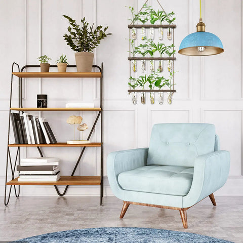 Living room with Your Go To Wall Hanging Propagation Station With Wooden Stand, Five Glass Test Tubes And Three Tier Planters