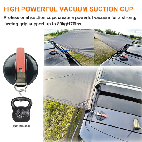 Heavy Duty Vacuum Suction Cup Anchor Kit holding car awning, includes suction cups, carabiners, tarp clips, bungee cords for secure tie-downs