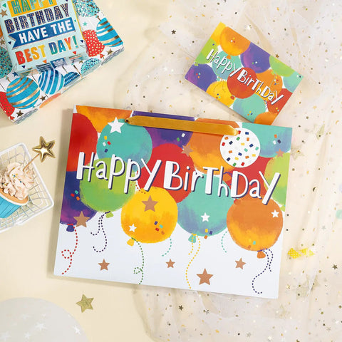 Colorful Balloons Birthday Gift Bag Set With Happy Birthday Text, Matching Tissue Paper, Greeting Card And Tag, Kid Friendly