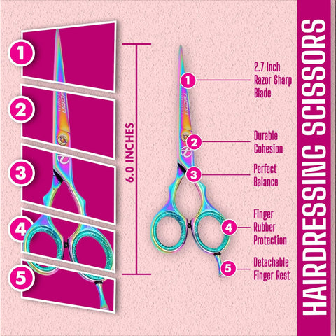 Pro Grade Hair Cutting Scissors Six Point Five Inch Stainless Steel Barber Shears With Two Point Seven Inch Razor Edge Blade Ergonomic Design For Smooth Precise Cuts Salon Quality Tools For Stylists And Home Use, rainbow finish