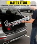 Man pulling Premium Aluminum 3 In 1 Convertible Dolly Cart And 1000 Lb Hand Truck from trunk for easy storage and transport.