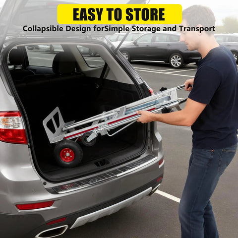 Man pulling Premium Aluminum 3 In 1 Convertible Dolly Cart And 1000 Lb Hand Truck from trunk for easy storage and transport.