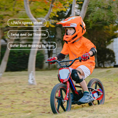 Kids Electric Dirt Bike 340W Racing Motorcycle With 24V Detachable Battery, Brushless Motor, Safe 3 Speed Modes, 16 Inch Off Road Tires, Mini Motocross Bike For Ages 5 To 12, Lightweight Yet Rugged Red, child riding on grass
