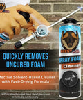 Pro Grade Spray Foam Cleaner And Polyurethane Applicator Restorer Featuring Fast Cut Solvent To Sweep Sticky Messes Boost Tool Life And Keep Diy Tasks Rolling Smooth In Two Pack Cans held in gloved hand, being sprayed on foam gun.
