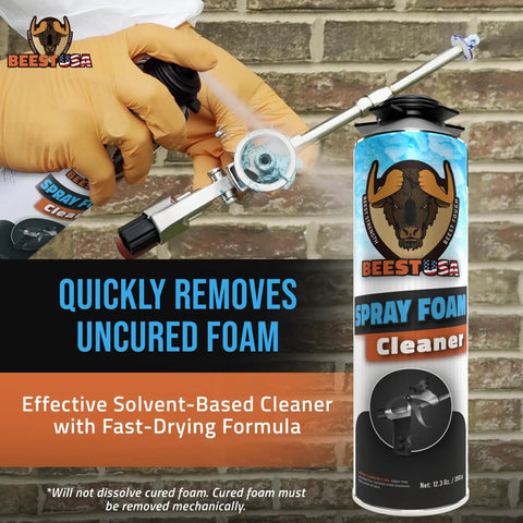 Pro Grade Spray Foam Cleaner And Polyurethane Applicator Restorer Featuring Fast Cut Solvent To Sweep Sticky Messes Boost Tool Life And Keep Diy Tasks Rolling Smooth In Two Pack Cans held in gloved hand, being sprayed on foam gun.