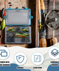 Open Six Pack Waterproof Fishing Tackle Boxes 3600 And 3700 with removable dividers, lures inside, on wooden surface.