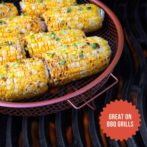 Crisper Basket And Tray Set For Oven And Air Fryer 2 Piece Copper Finish Large Mesh Design grilling corn on BBQ grill