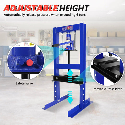 Six Ton H Frame Hydraulic Shop Press For Home Garage Heavy Duty Floor Model with adjustable height and stamping plates
