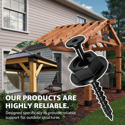 Heavy Duty Outdoor Structural Wood Screws Kit 0.220 Inch By Three And A Half Inch With Hex Head Washers shown with pergola