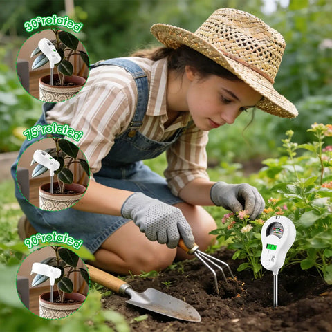 Gardener using the Six In One Soil Test Kit With Three Replaceable Probes For Your Garden Includes Soil pH Tester in outdoor garden