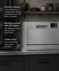 Straight Up Countertop Dishwasher With Six Quick Rinse Cycles And Bright Led Touch Panel Featuring Easy Sink Hookup Digital Timer And Zero Hassle Cleanup For Daily Grinds placed on a kitchen countertop with LED controls.