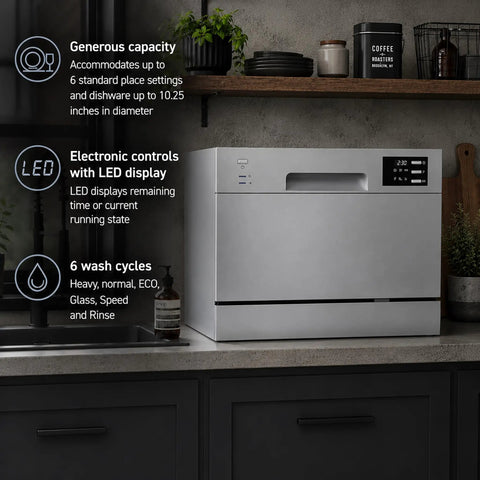 Straight Up Countertop Dishwasher With Six Quick Rinse Cycles And Bright Led Touch Panel Featuring Easy Sink Hookup Digital Timer And Zero Hassle Cleanup For Daily Grinds placed on a kitchen countertop with LED controls.