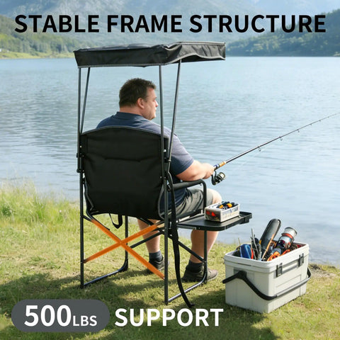 Heavy Duty Folding Camp Chair With Adjustable Canopy And Side Table, Oversized Directors Chair With Pockets for fishing