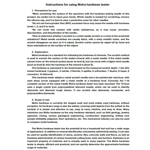 Instructions sheet for using a Mohs hardness tester, detailing procedures, precautions, and explanations for jewelers and geologists.