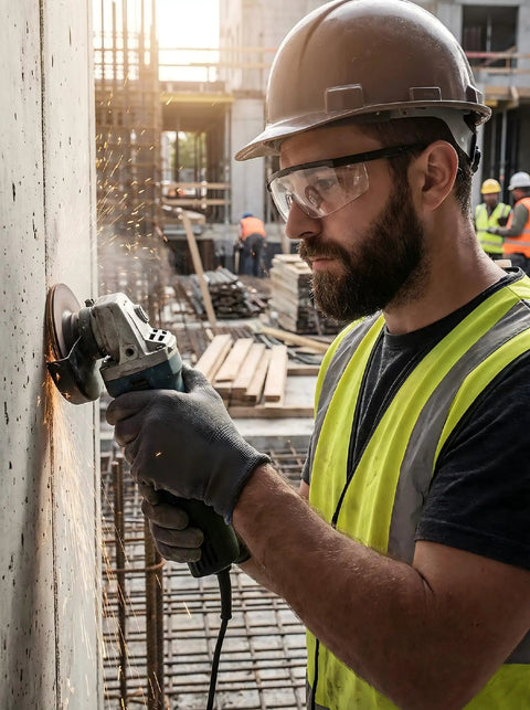 Badass Dual Pack Safety Glasses with Slick Anti Fog and Anti Scratch Clear Wrap Around Lenses used by worker grinding concrete on a job site.