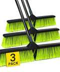 Three Pack 24 Inch Push Brooms Workhorse Outdoor Brooms With 63 Inch Handle For Indoor And Outdoor Floor Cleaning On Garages Driveways Patios Decks Gardens Warehouses And More, showing three brooms stacked, green bristles.