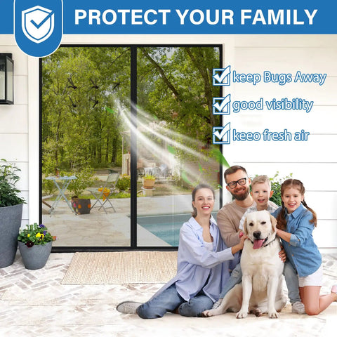 Family sitting outside behind an Upgraded PET Mesh Magnetic Screen Door With Hands Free Entry That Is Stronger Than Fiberglass And Polyester Keeps Bugs Out Pet And Kid Friendly Fits Sliding Doors Patio And French Doors 74 By 80 Inches, installed in a patio setting.