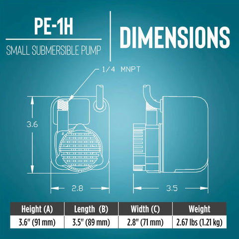 Diagram showing dimensions of Epoxy Encapsulated Small Submersible Direct Drive Pump 115 Volt 170 GPH Hooded Volute