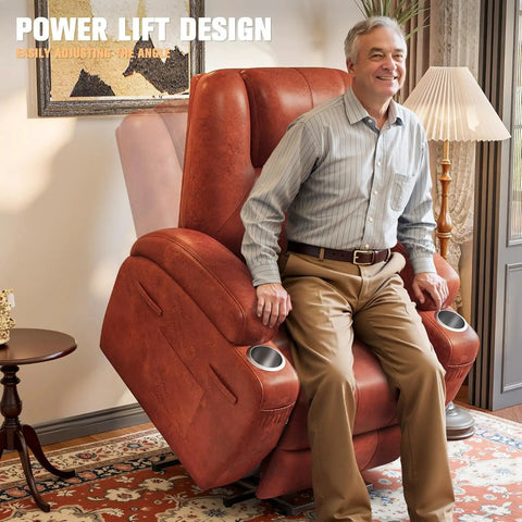 Man sitting on Power Lift Recliner Chair For Elderly With Cup Holders And Side Pockets, Electric Lift Sofa, Leathaire Dark Brown Finish