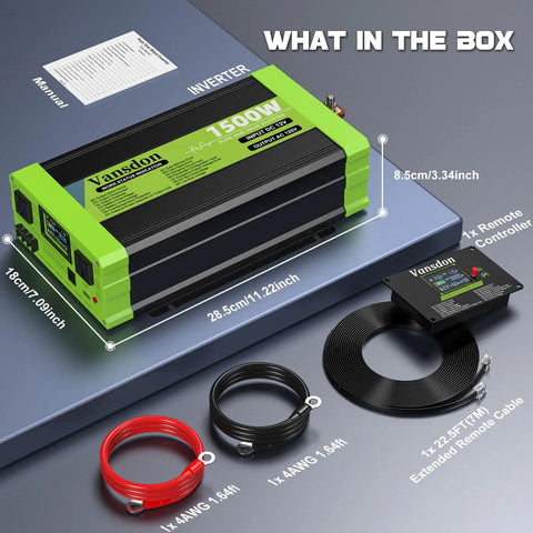 Heavy Duty Road Ready 1500W Pure Sine Wave Power Inverter with remote, cables, and dimensions displayed on a table.