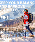 Woman using lightweight collapsible trekking poles with telescopic tri fold design aluminum 7075 walking sticks in snowy mountains.
