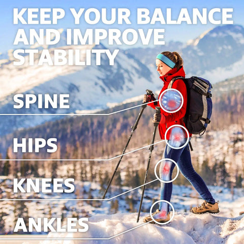 Woman using lightweight collapsible trekking poles with telescopic tri fold design aluminum 7075 walking sticks in snowy mountains.