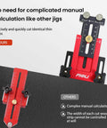 Front view of Boss Level Narrow Rip Table Saw Jig with dual pulleys and red body on a black table, promoting ease of use.