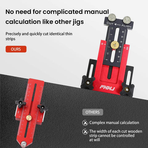 Front view of Boss Level Narrow Rip Table Saw Jig with dual pulleys and red body on a black table, promoting ease of use.
