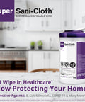 Container of Germicidal Disposable Wipes for Hard Surfaces on kitchen counter, extra large 5x8 inch wipes, pop-up dispenser