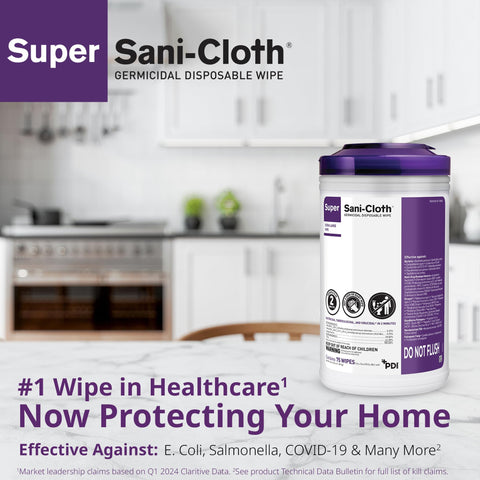 Container of Germicidal Disposable Wipes for Hard Surfaces on kitchen counter, extra large 5x8 inch wipes, pop-up dispenser