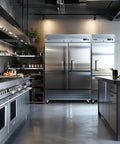 Top Notch Commercial Reach In Upright Freezer 49 Cubic Feet 54 Inch Wide Stainless Steel Frame in modern kitchen setting.