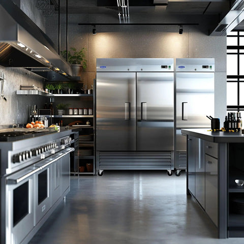 Top Notch Commercial Reach In Upright Freezer 49 Cubic Feet 54 Inch Wide Stainless Steel Frame in modern kitchen setting.