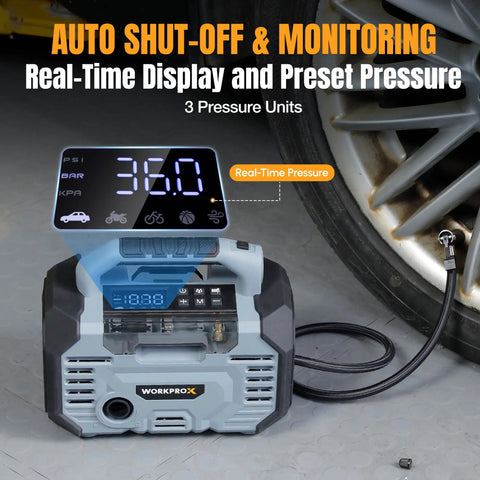 Workprox Portable Tire Inflator 150 Psi Fast Auto Pump With 12V Dc And 20V Battery For Cars Bike Soccer Ball Air Mattress Compact Digital Display Cordless Jack Free Easy Use Travel Essential