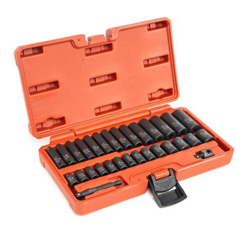 Open case of One Quarter Inch Drive Impact Socket Set For Tough Jobs And Heavy Duty Projects, 30 Piece Metric 4 To 15 MM