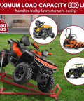 Upgraded Telescopic Lawn Mower Lift Jack with riding mower, 880 lb capacity, heavy duty steel, anti-slip foot, in use on grass.